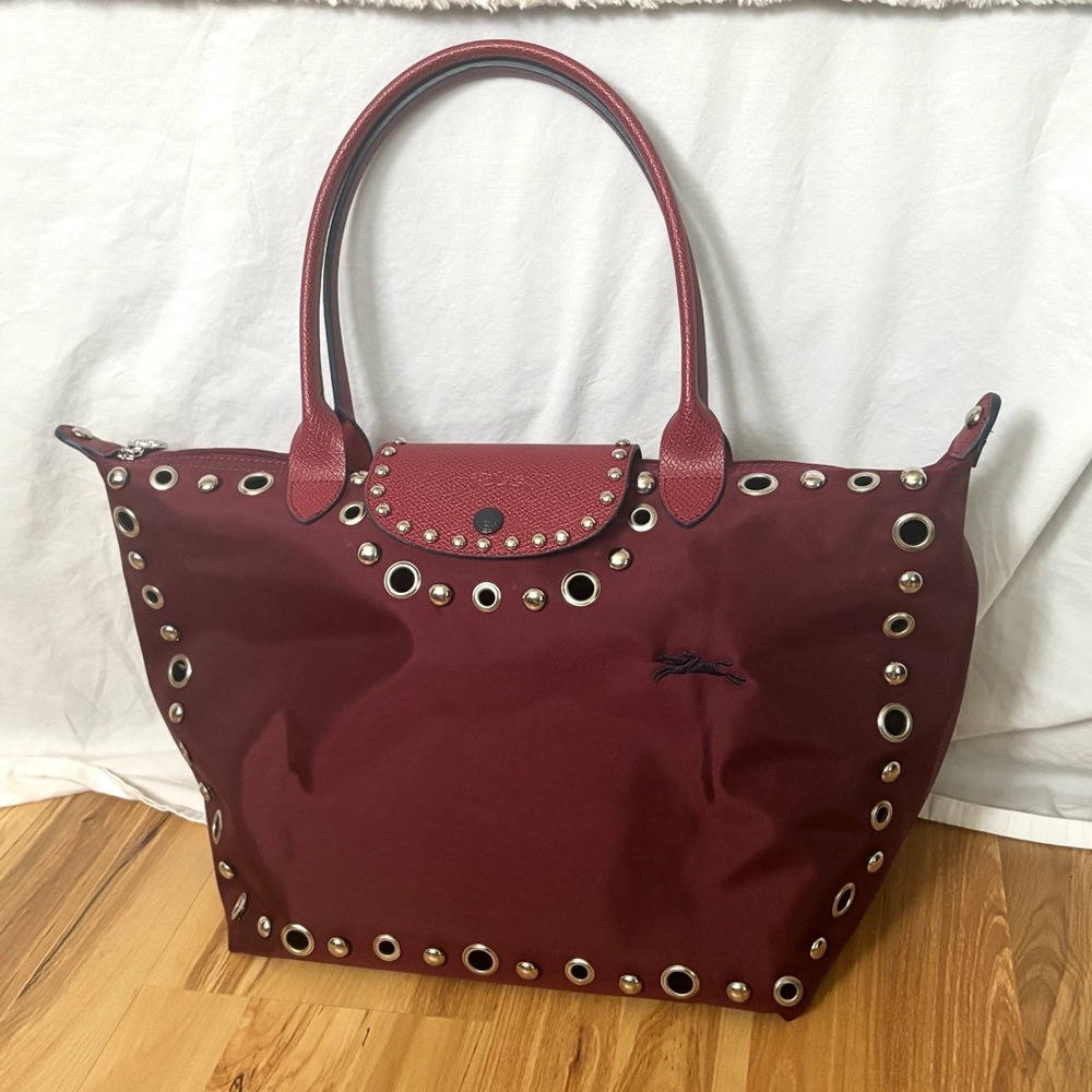 Burgundy Large Longchamp Le Pliage Tote Bag with Silver Accent Studs & Grommets